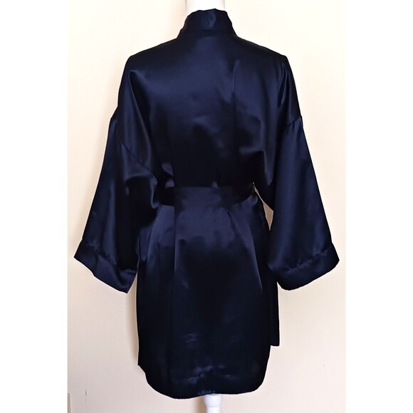 VTG Christian Dior Navy Satin Short Belted Robe Embroidered Dior Monogram Sz M - Picture 2 of 5